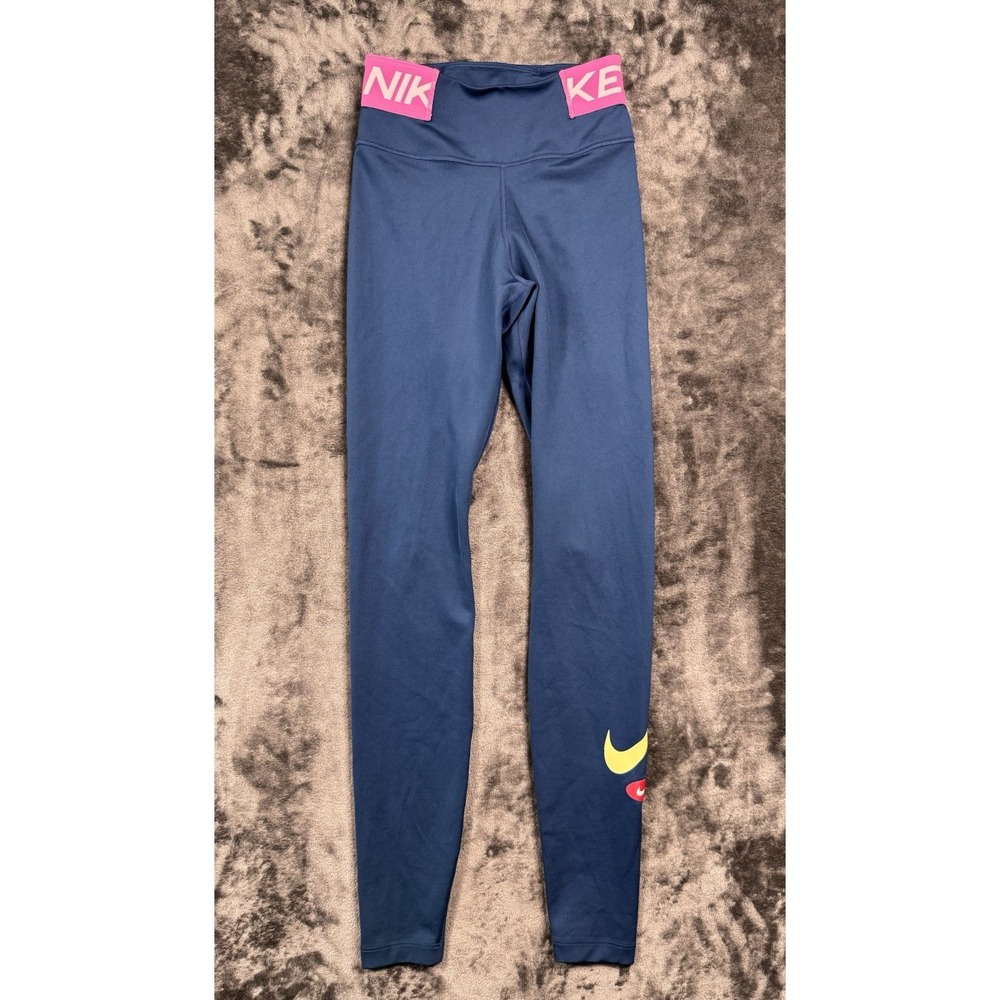 Nike Dri-FIT Womens XS Leggings Navy Blue Pink Logo Waistband Swoosh Athletic
